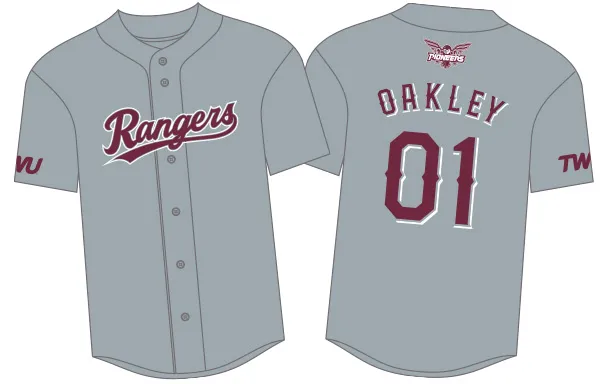 Gray 2025 TWU Rangers jersey with the Rangers logo on the front and 
