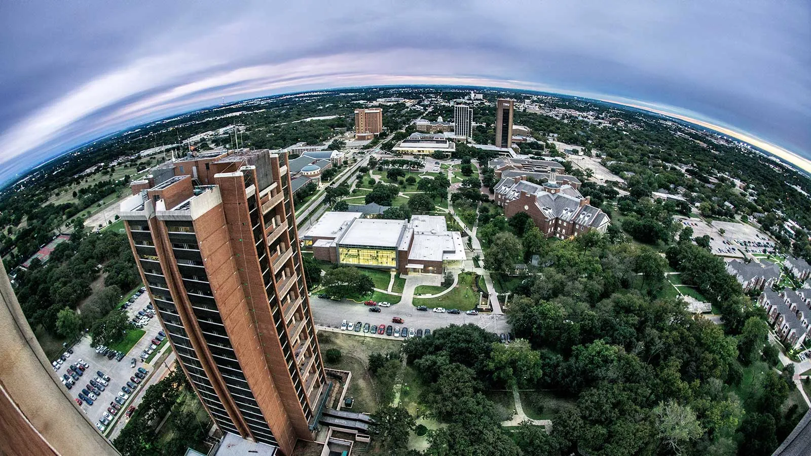 A wide-angle aerial view of the TWU Denton campus