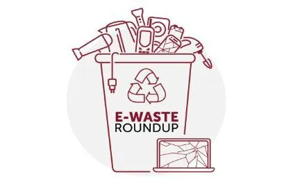 E-Waste Roundup logo with electronics in a recycling bin