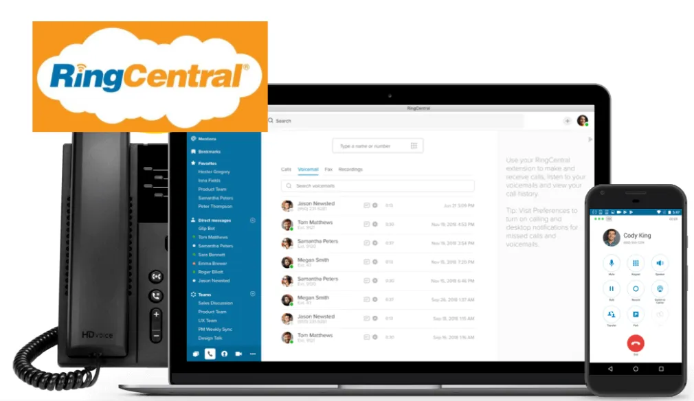 A phone, laptop, and mobile devices with the RingCentral logo 