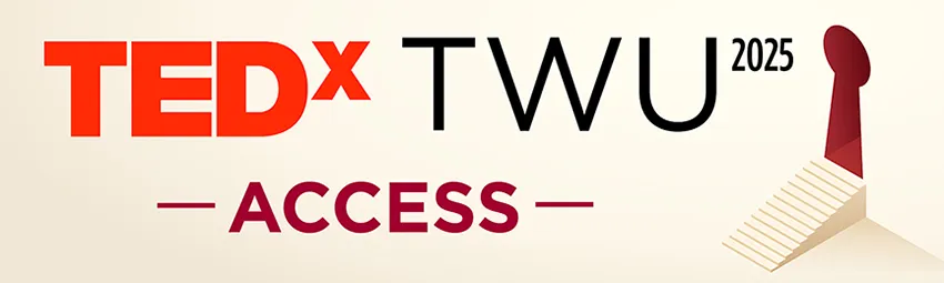 A doorway shaped like a keyhole with steps leading up to it and text that says 'TEDxTWU 2025 - Access' 