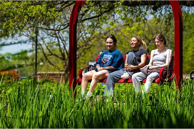 Students outside on a swing