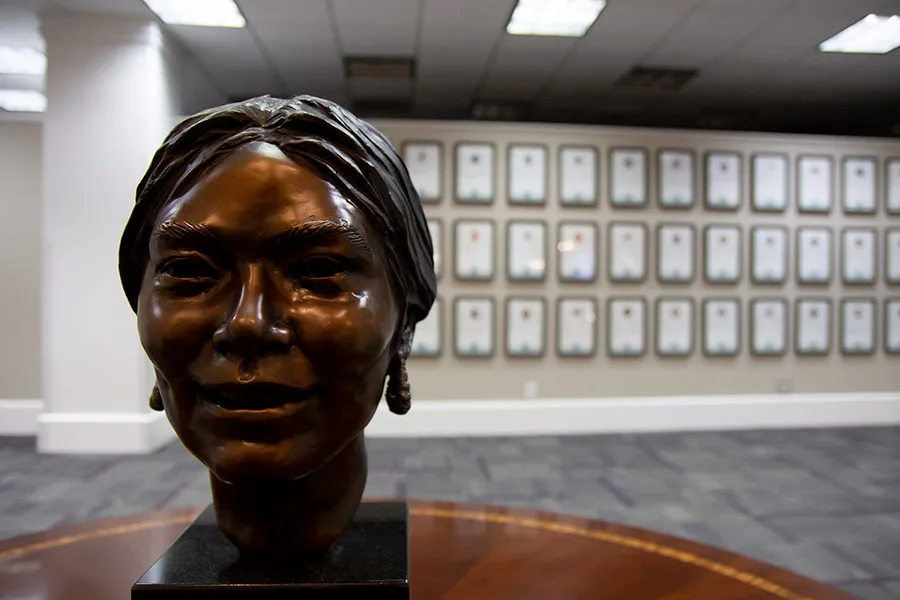 Bronze statue of a head sitting on a table with plaques in the background.