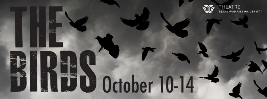 'The Birds' banner with black and white birds in silhouette and Oct. 10-14 date 