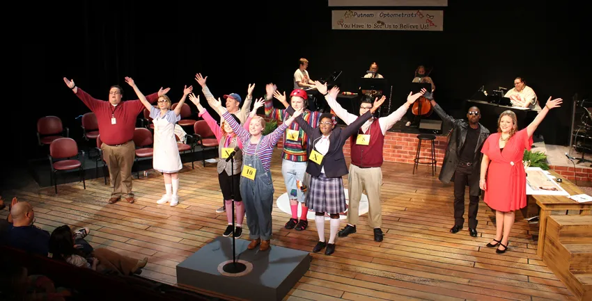 Actors performing The 25th Annual Putnam County Spelling Bee. 