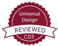 Maroon circle with Universal Design Reviewed CD3 inside