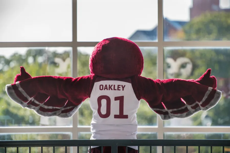 Oakley the owl with his arms outstretched and wearing a jersey that says 'Oakley 01' on it.