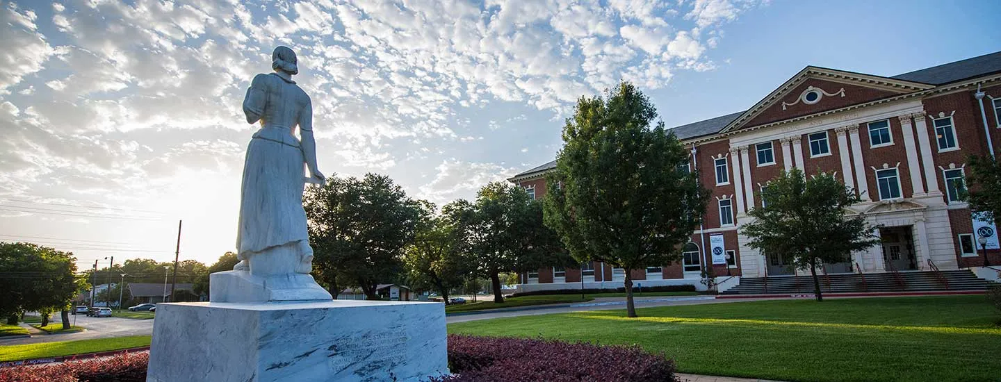 A view of the statue of the Pioneer Woman, Minerva, on TWU's Denton campus.