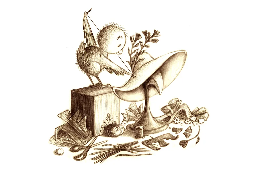 Baby chick, working adding flowers to a hat, sitting on hat stand