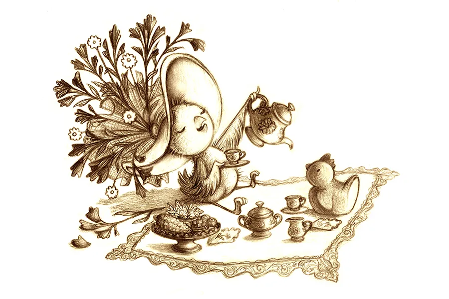 Baby chick, wearing an elaborate hat, having a tea party
