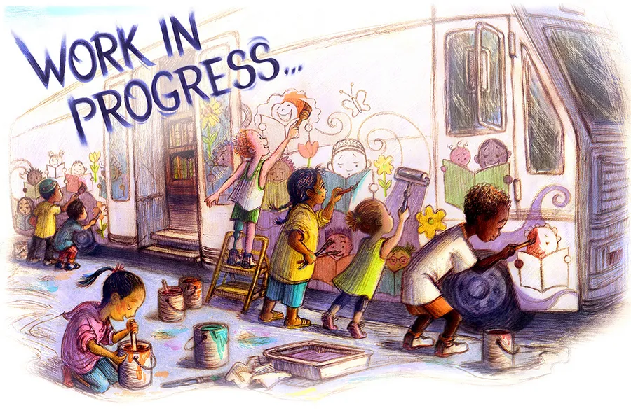 illustration on children painting a bus, text reads, 