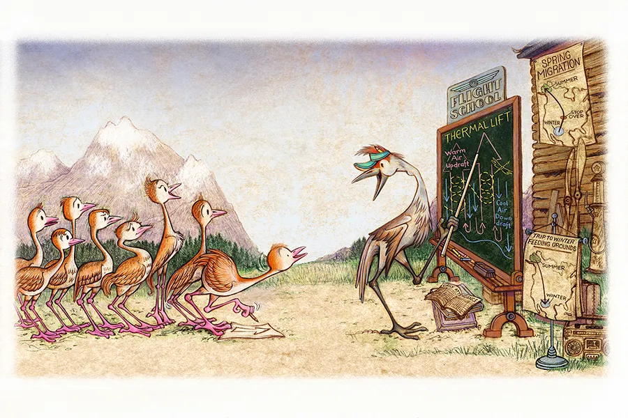 Illustration of a Professor Flop About, instructing a group of fledglings from a blackboard