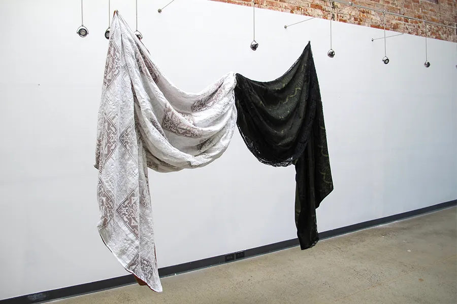 They carried me, lace, tablecloth, drapery and velvet, 2021