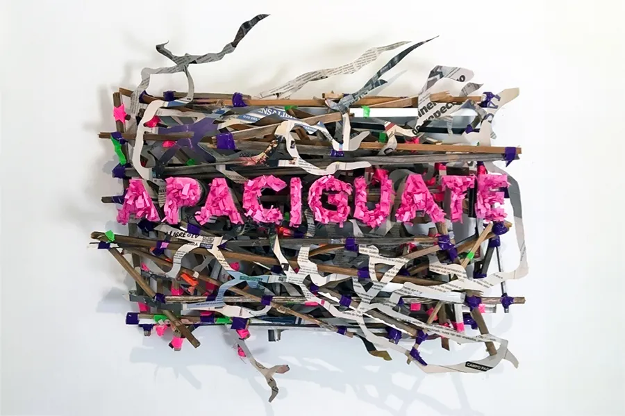 Apaciguate, 25x19, 2017 - wood, newsprint, duct tape, matte medium, acrylic paint, paper