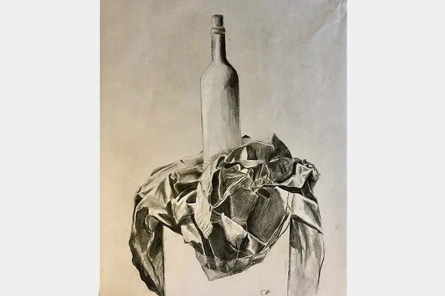 Black and white charcoal drawing of still-life