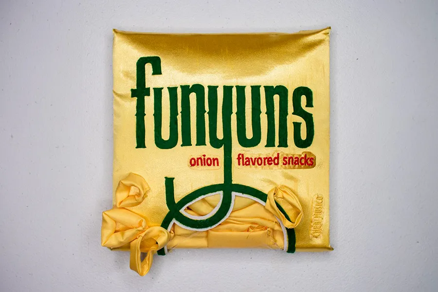 Funyons, mixed-media textile work mimics a fun-sized funyuns bag, hand embroidered, 2025