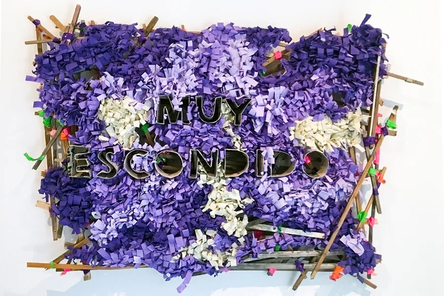 Muy escondido, 27x36, 2017. Wood, mulberry paper, acrylic paint, duct tape, newsprint