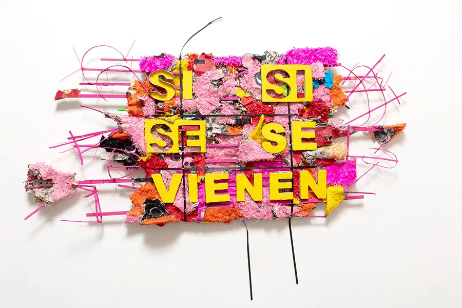 Necessary Taskmaster - 104x60, 2023. wood, tissue paper, paint. text reads, 