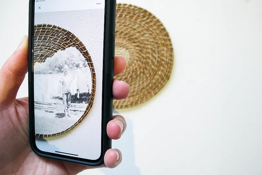 (detail) Barbara Lou Martin, 1946, coiled pine needle mat, augmented reality image, 2021