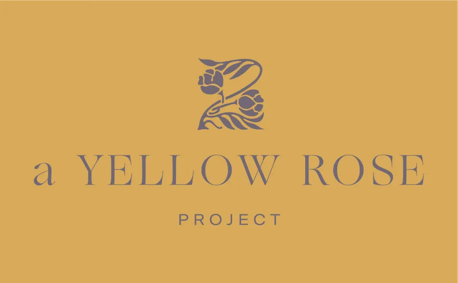A Yellow Rose Project Logo, plum colored text in a gold box 