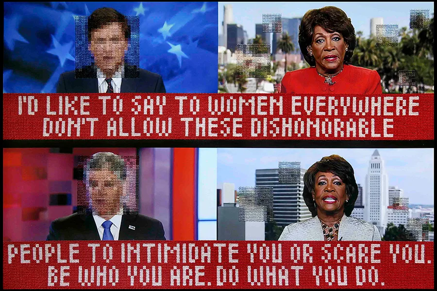 An embroidered photograph two Fox news correspondents interviewing Maxine Waters. Text reads: 