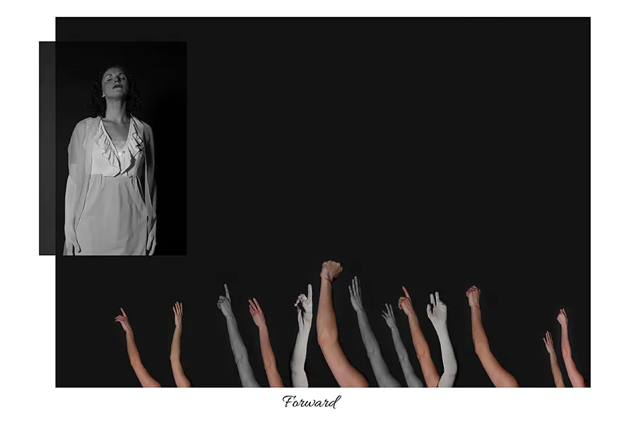 A black and white image of a woman with her head tilted backwards, a sea of arms beneath her.  Beneath the image in script reads, 