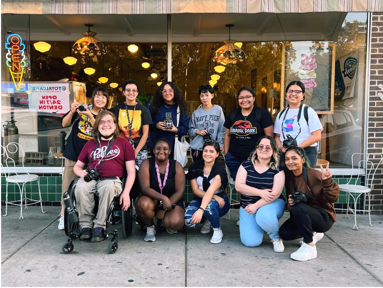 Group photo of student members of PAC, our photography club, after a successful photo walk in downtown Denton, TX. Image taken in front of Beth Marie's Ice Cream Shop.  