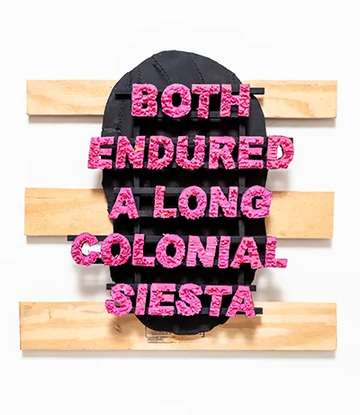 Dangerous Totem, wood, paper mache, Text reads, 