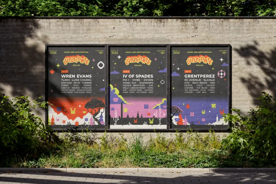 3 Posters, on a cinder block wall. Vines are overgrown, by Stephanie Vo