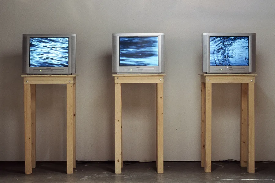 Tanya Synar - Source Crossing 1, analogue tv's with video on handmade wood stands