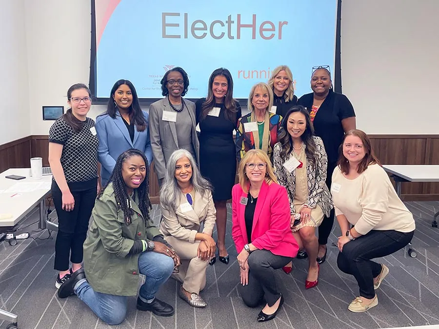 Group photo from Elect Her 2023 training sessions including the Hon. Derbha Jones, Mia Price, the Hon. Blanca Oliver, Joy Diaz, and Brittney Verdell