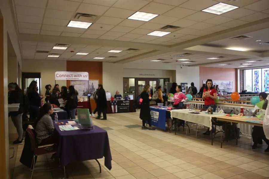 Fifteen tables representing university and community reproductive justice resources tabled in the Student Union during lunchtime on Wednesday, March 6.