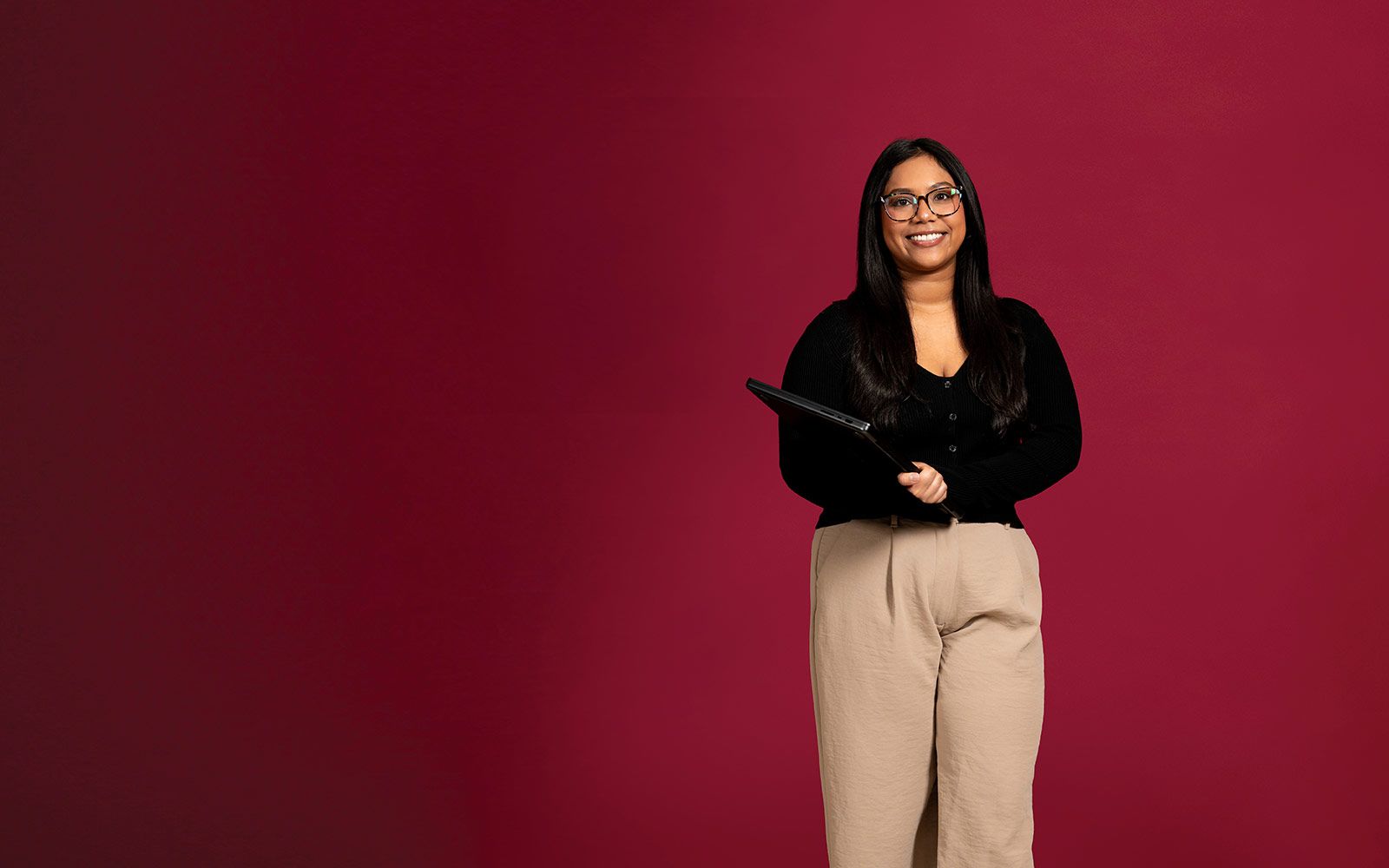 A TWU student dressed in professional clothing